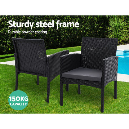 Gardeon 3PC Bistro Set Outdoor Furniture Rattan Table Chairs Cushion Patio Garden Ezra