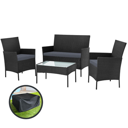 Gardeon 4 Seater Outdoor Sofa Set with Storage Cover Wicker Table Chair Black