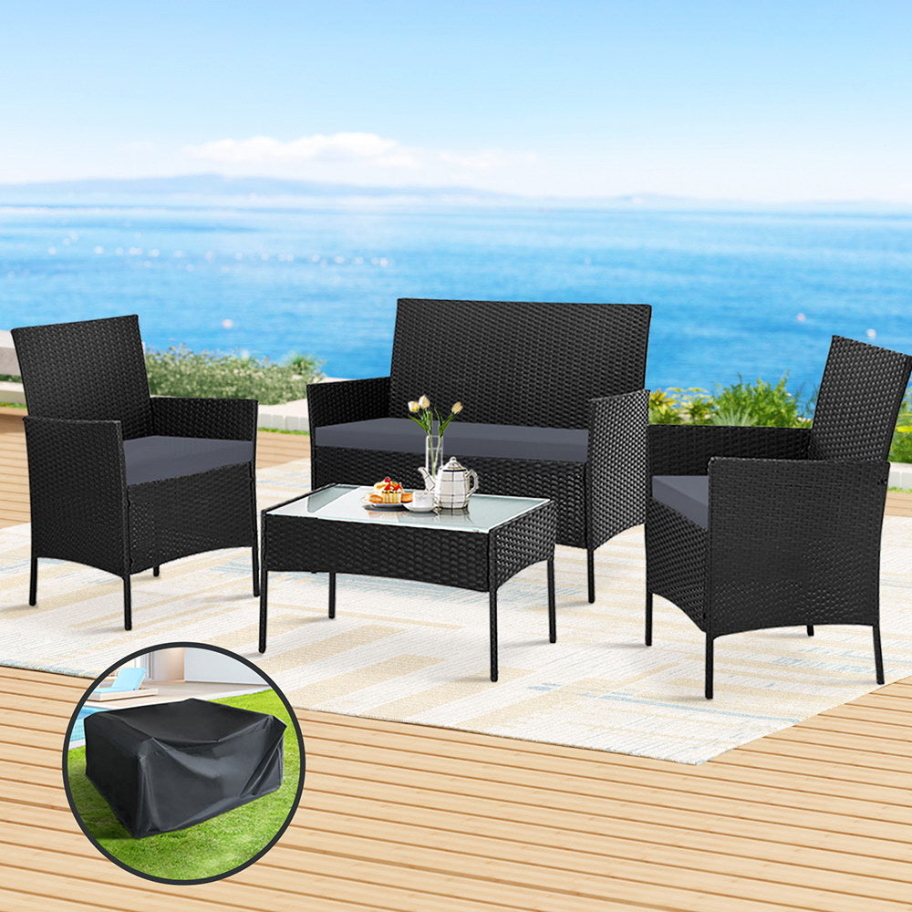 Gardeon 4 Seater Outdoor Sofa Set with Storage Cover Wicker Table Chair Black