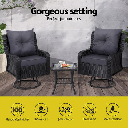 Gardeon 3PC Outdoor Furniture Bistro Set Lounge Wicker Swivel Chairs Table Cushion Black