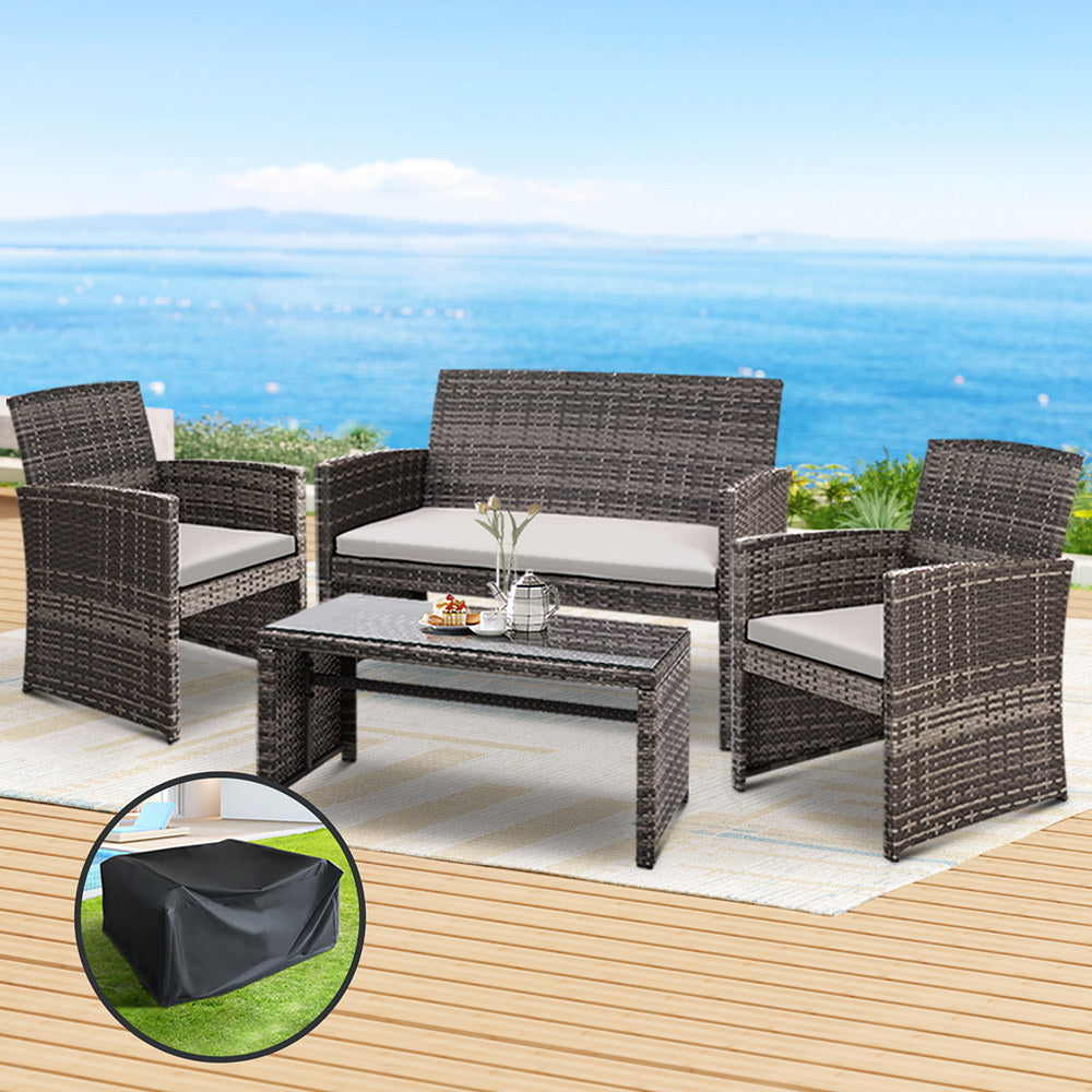 Gardeon 4 PCS Outdoor Sofa Set with Storage Cover Rattan Chair Furniture Grey