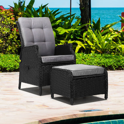 Gardeon Recliner Chair Sun lounge Wicker Lounger Outdoor Furniture Patio Adjustable Black