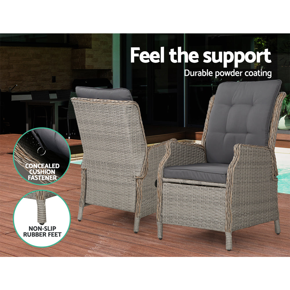 Gardeon 5PC Recliner Chairs Table Sun lounge Wicker Outdoor Furniture Adjustable Grey