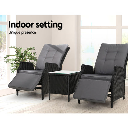 Gardeon 3PC Recliner Chairs Table Sun lounge Outdoor Furniture Wicker Adjustable Black