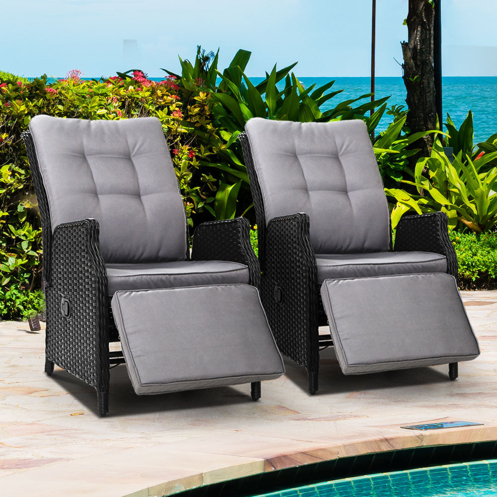 Gardeon 2PC Recliner Chairs Sun lounge Wicker Lounger Outdoor Furniture Adjustable Black