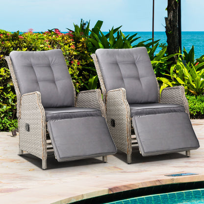 Gardeon 2PC Recliner Chairs Sun lounge Wicker Lounger Outdoor Furniture Adjustable Grey