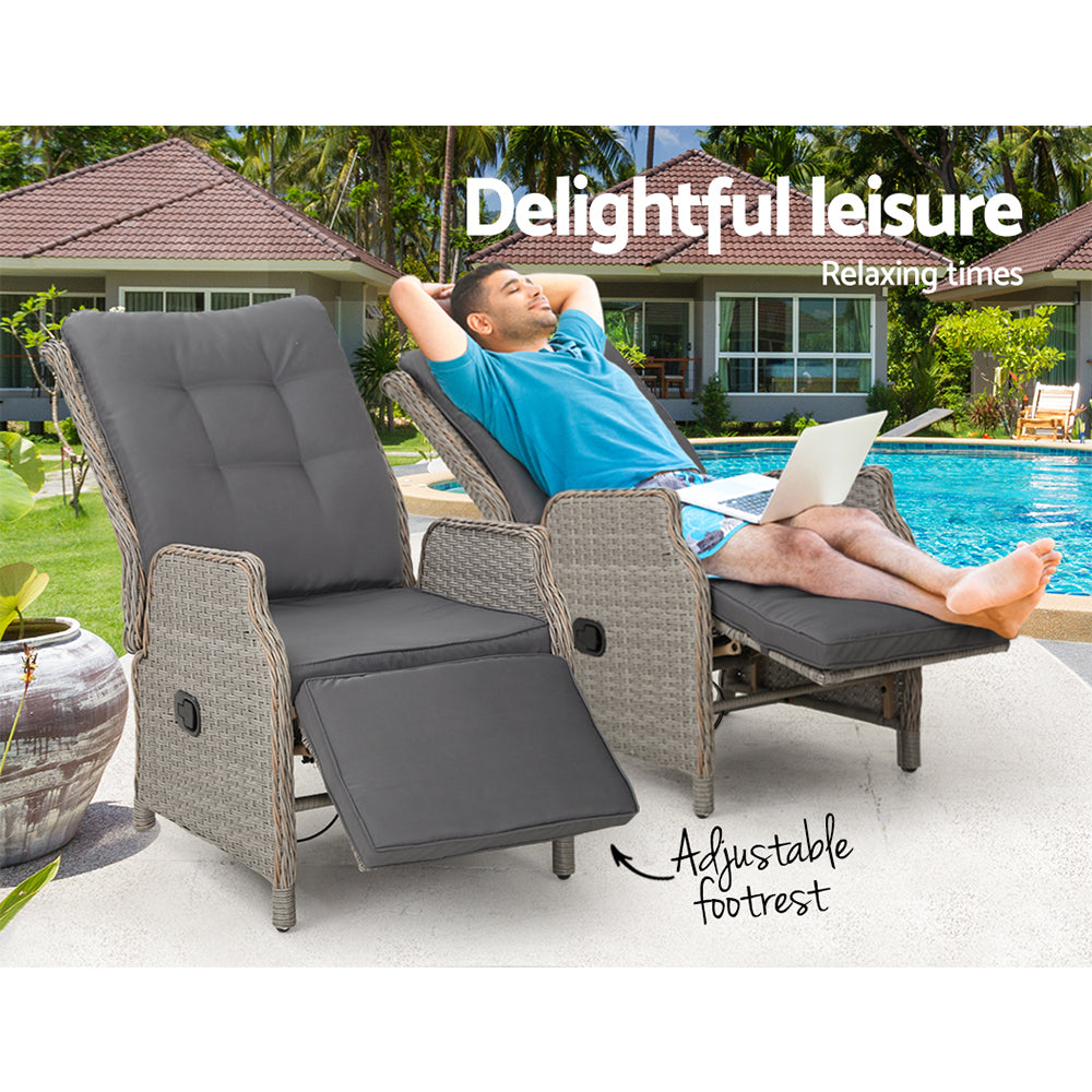 Gardeon 2PC Recliner Chairs Sun lounge Wicker Lounger Outdoor Furniture Adjustable Grey