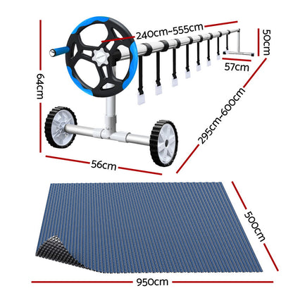 Aquabuddy Pool Cover 600 Micron 9.5x5m w/ Blue Roller 5.55m Black Solar Blanket