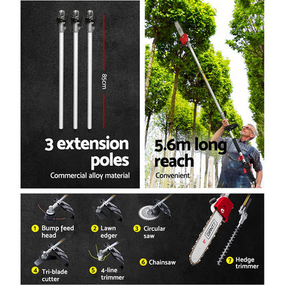 Giantz 62CC Pole Chainsaw Hedge Trimmer Brush Cutter Whipper 7-in-1 5.6m Red