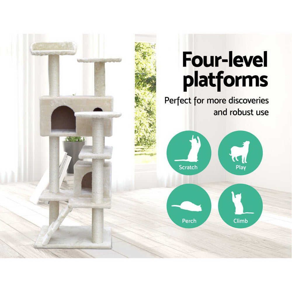 i.Pet Cat Tree 134cm Tower Scratching Post Scratcher Wood Condo House Bed Beige