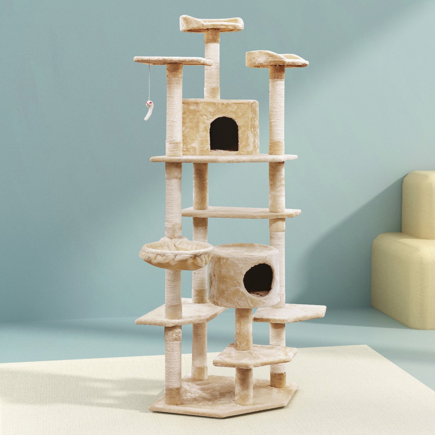 i.Pet Cat Tree 203cm Tower Scratching Post Scratcher Condo Trees House Bed Beige