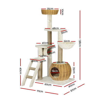 i.Pet Cat Tree 138cm Tower Scratching Post Scratcher Wood Bed Condo House Rattan Ladder