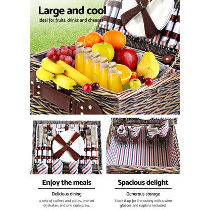 Alfresco 4 Person Picnic Basket Set Insulated Blanket Bag