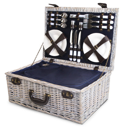 Alfresco 6 Person Picnic Basket Set Cooler Bag Insulated Blanket Plates Navy