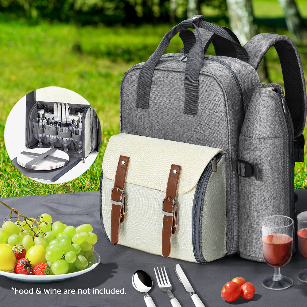 Alfresco 4 Person Picnic Basket Set Backpack Bag Insulated Grey