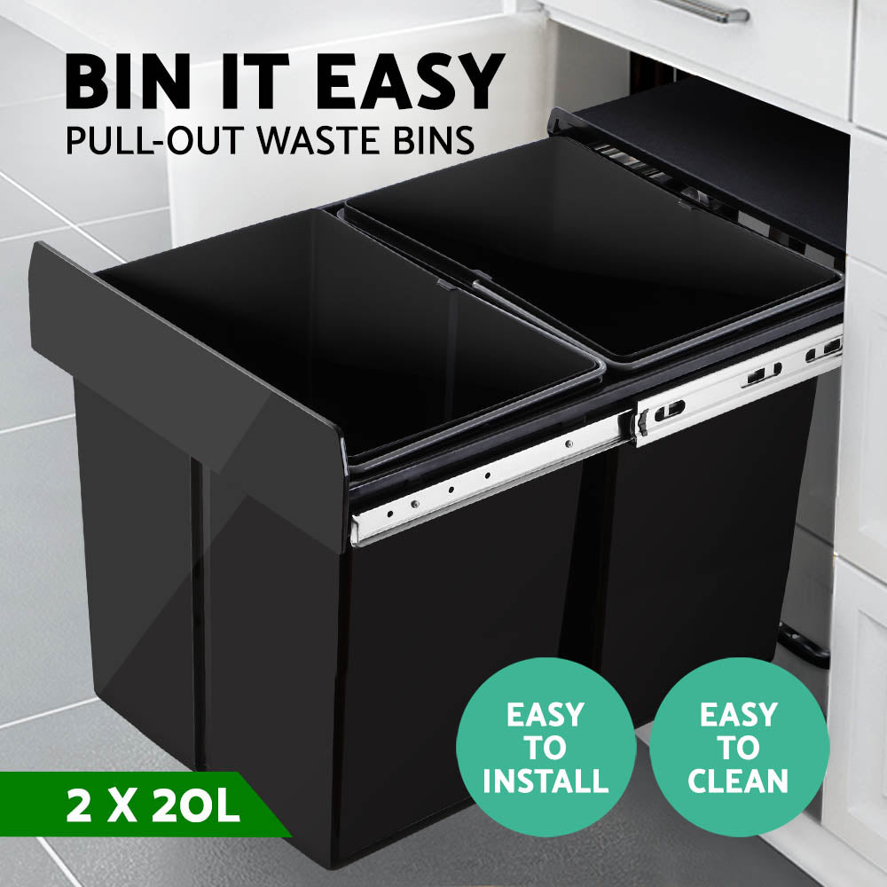 Cefito Pull Out Bin Kitchen Double Basket 2X20L Black