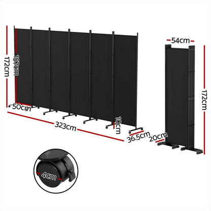 Artiss 6 Panel Room Divider Screen 323cm Wheel Fabric Black