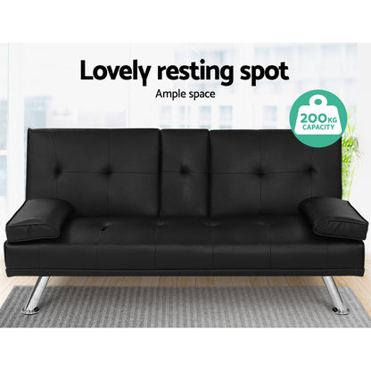 Artiss Sofa Bed 168CM Black PU Leather