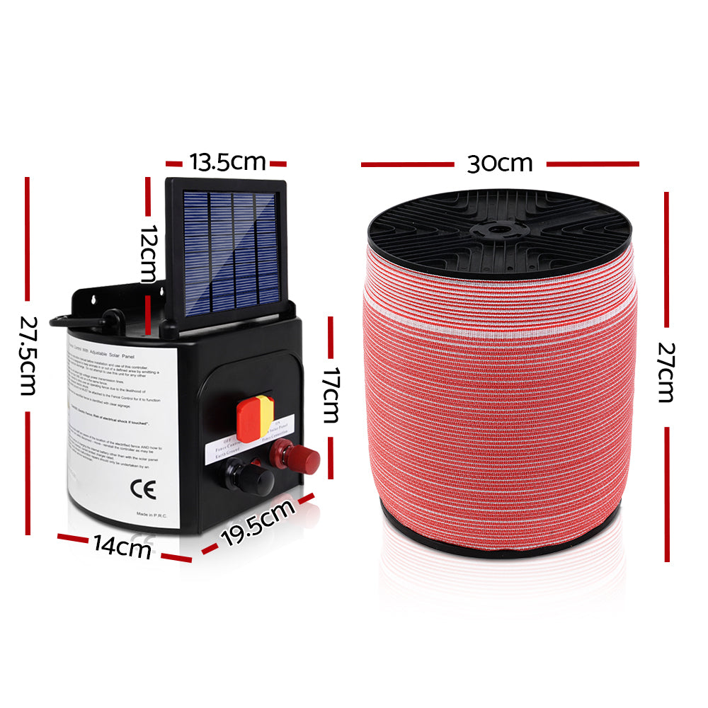 Giantz Fence Energiser 3KM Solar Powered Electric 1200M Poly Tape