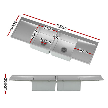 Cefito Kitchen Sink Basin Stainless Steel Under/Top/Flush Mount Bowl 155X50CM