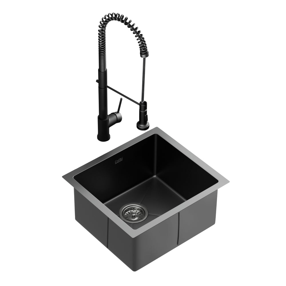 Cefito Stainless Steel Sink 51x45CM With Pull Out Mixer Tap Kitchen Single Bowl Black