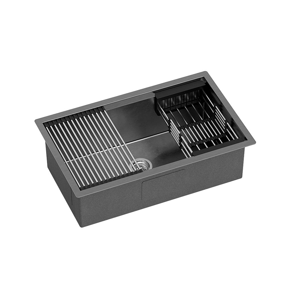 Cefito Kitchen Sink 70X45CM Stainless Steel Single Bowl Drain Rack Basket Black