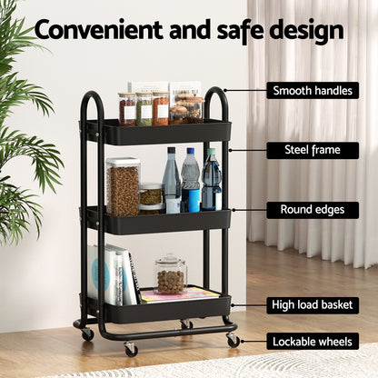 Artiss Storage Trolley Kitchen Cart 3 Tiers Rack Shelf Organiser Wheels Black