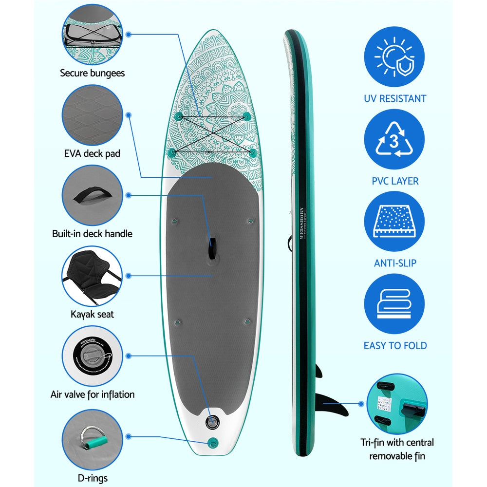 Weisshorn Stand Up Paddle Board 10.6ft Inflatable SUP Surfboard Paddleboard Kayak Surf Green