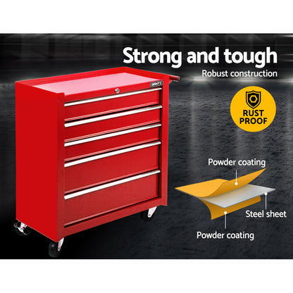 Giantz 5 Drawer Tool Box Cabinet Chest Trolley Box Garage Storage Toolbox Red