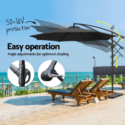 Instahut 3m Umbrella w/Base Outdoor Cantilever Beach Garden Patio Parasol Black