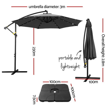 Instahut Outdoor Umbrella 3M Cantilever Beach LED Base Garden Sun Patio Charcoal