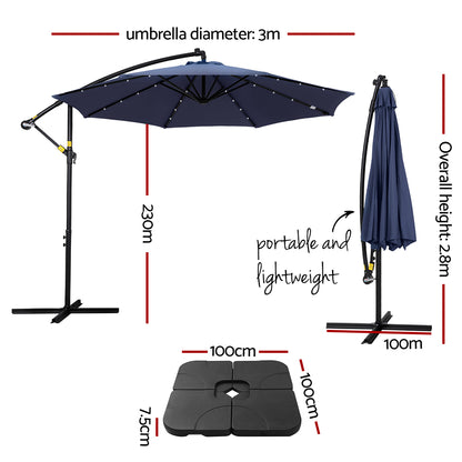 Instahut Outdoor Umbrella 3M Cantilever Beach LED w/Base Garden Shade Patio Navy