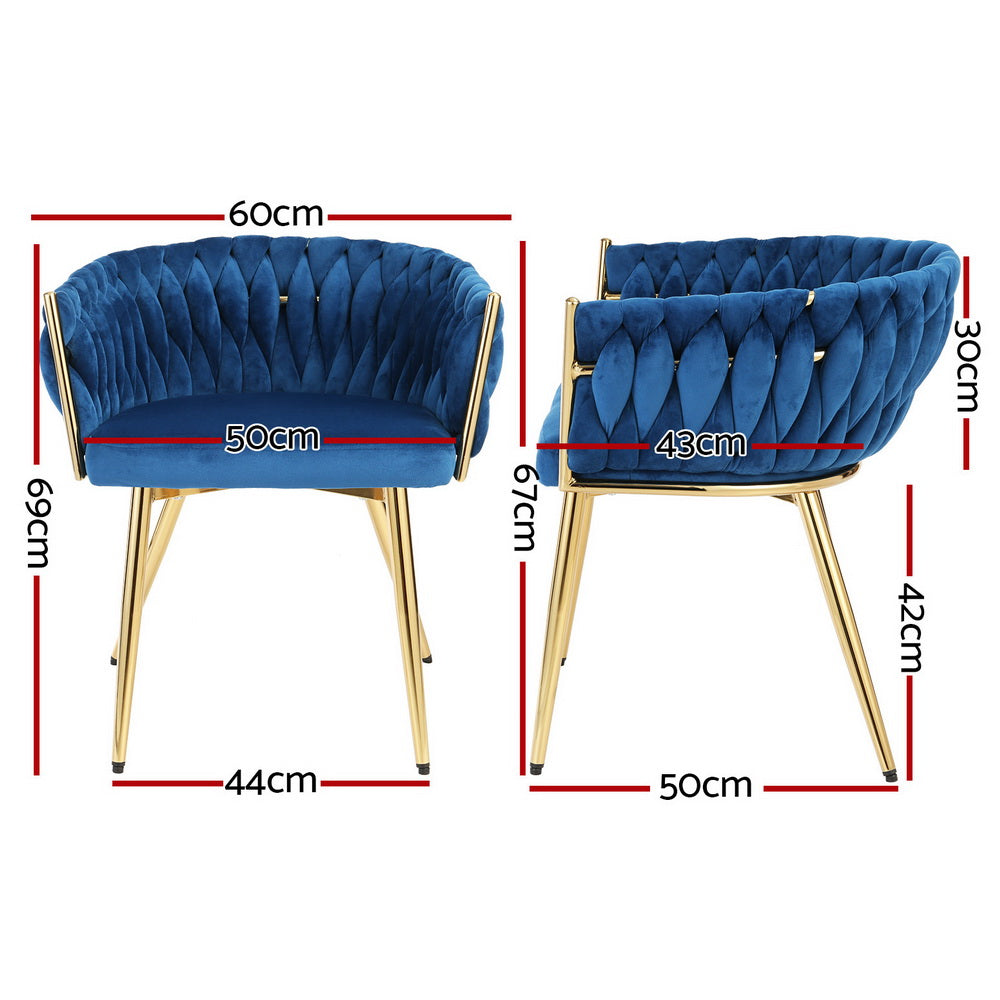 1 Set of 2 Artiss Dining Chairs Velvet Weaving Armchair Blue