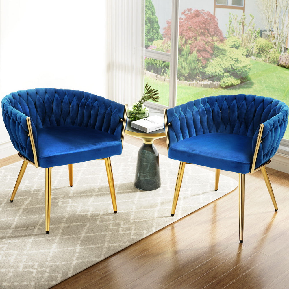 1 Set of 2 Artiss Dining Chairs Velvet Weaving Armchair Blue