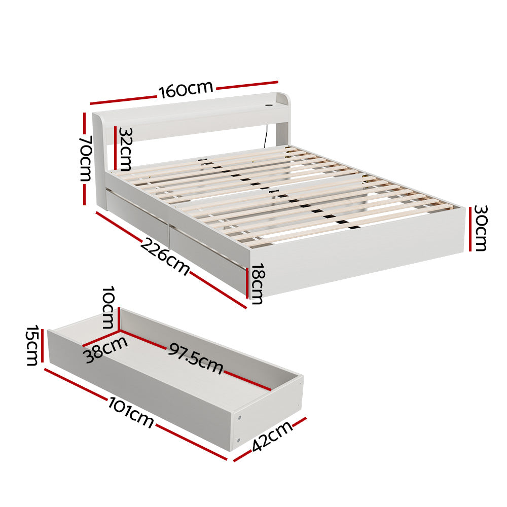 Artiss Bed Frame Queen Size Mattress Base wtih Charging Ports 2 Storage Drawers